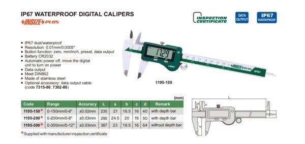 เวอร์เนียดิจิตอล IP67 WATERPROOF DIGITAL CALIPERS 1195-200 ขนาด 8 นิ้ว - Image 2