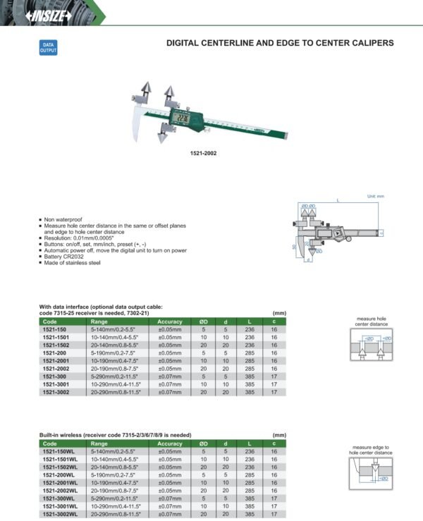 INSIZE 1521-200 Digital Centerline and Edge to Center Calipers ขนาด 8 นิ้ว - Image 2