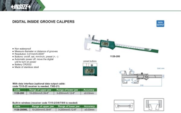 เวอร์เนียวัดรูในดิจิตอล Digital Inside Groove Calipers INSIZE 1128-200 ขนาด 8 นิ้ว - Image 2