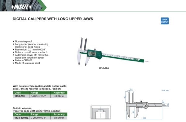 เวอร์เนียดิจิตอล ชนิดปากยาว Digital Calipers With Long Upper Jaws INSIZE 1138-200 ขนาด 8 นิ้ว - Image 2