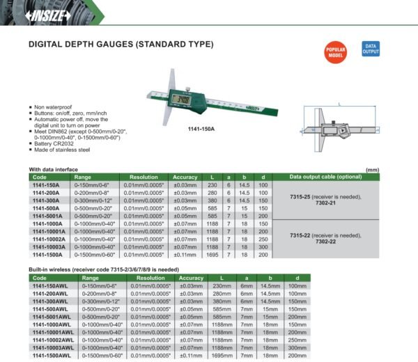 เครื่องวัดความลึกดิจิตอล INSIZE 1141-500A ขนาด 20 นิ้ว - Image 2