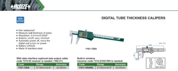 เวอร์เนียดิจิตอล INSIZE 1161-150A Tube Thickness สำหรับวัดความหนาผนังท่อ ขนาด 6 นิ้ว - Image 2