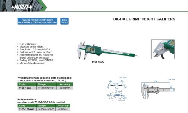 เวอร์เนียดิจิตอล Crimp Height INSIZE 1165-150A ความสูงของจุดย้ำสายไฟ ขนาด 6 นิ้ว - Image 2