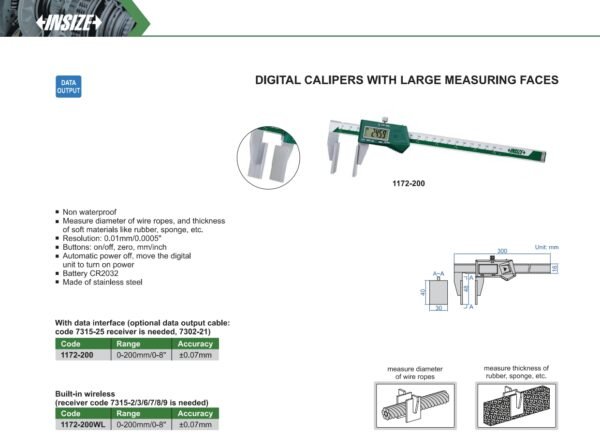 เวอร์เนียดิจิตอล  INSIZE รุ่น 1172-200 Digital Calipers With Large Measuring Faces สำหรับความหนาแผ่นแก้ว โลหะ หรือพลาสติก ขนาด 8 นิ้ว - Image 2