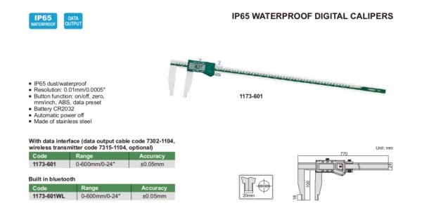 เวอร์เนีย คาลิปเปอร์ ดิจิตอล กันน้ำ IP65 INSIZE รุ่น 1173-601 ขนาด 24 นิ้ว