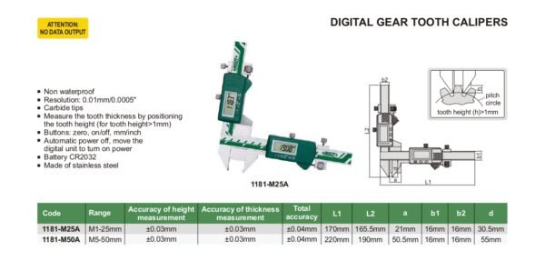 เวอร์เนียดิจิตอล INSIZE รุ่น 1181-M25A วัดความหนาของฟันเกียร์ Digital Gear Tooth Calipers ขนาด M1-25 มิลลิเมตร - Image 2