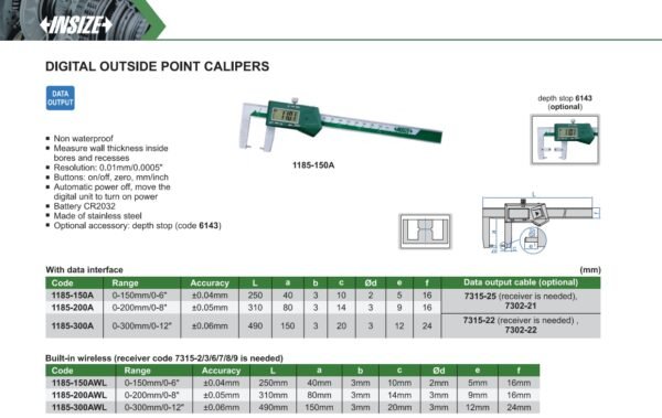 เวอร์เนียดิจิตอลวัดนอกแบบปลายแหลม Digital Outside Point Calipers INSIZE 1185-200A ขนาด 8 นิ้ว - Image 2