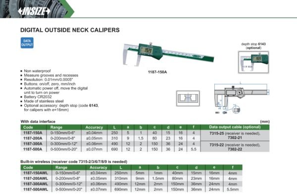 เวอร์เนียดิจิตอลวัดนอกแบบปลายแหลม สำหรับวัสดุทรงกระบอก Digital Outside Neck Calipers INSIZE 1187-300A ขนาด 12 นิ้ว - Image 2