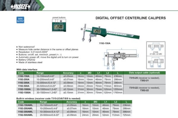 เวอร์เนียดิจิตอล สำหรับวัดความกว้างของศูนย์กลางของรู Offset Centerline Calipers INSIZE 1192-200A ขนาด 8 นิ้ว - Image 2