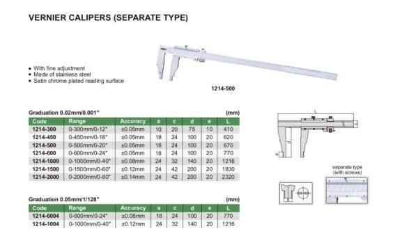 เวอร์เนียร์คาลิปเปอร์ Vernier Calipers (Separate Type) INSIZE 1214-500 ขนาด 20 นิ้ว/500mm Graduation 0.02mm - Image 2
