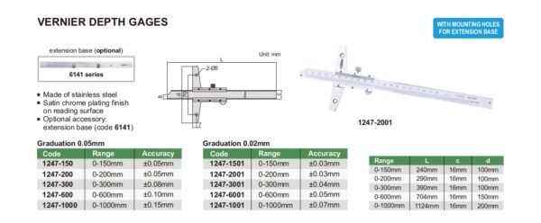 เวอร์เนียร์วัดความลึก (มีรูยึดสำหรับฐานต่อขยาย) INSIZE รุ่น 1247-3001 ขนาด 12 นิ้ว - Image 2
