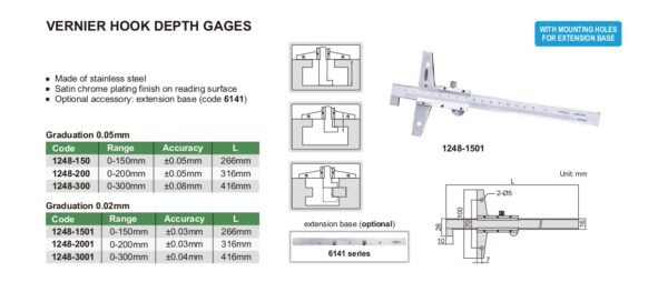 เวอร์เนียร์วัดความลึกแบบตะขอ (มีรูยึดสำหรับฐานต่อขยาย) INSIZE รุ่น 1248-1501 ขนาด 6 นิ้ว - Image 2
