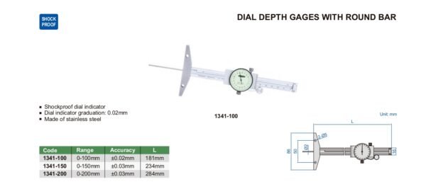 ครื่องวัดความลึกแบบหน้าปัดพร้อมก้านกลม 1341-150 (DIAL DEPTH GAGES WITH ROUND BAR) INSIZE 1341-150 ขนาด 6 นิ้ว - Image 2