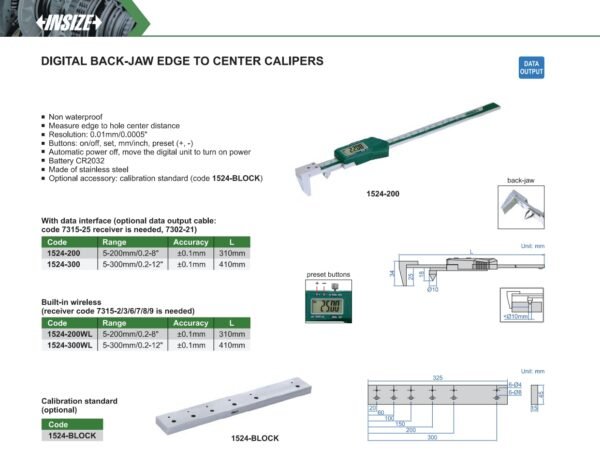 เวอร์เนียดิจิตอล วัดความกว้างระหว่างรู Digital Back-Jaw Edge To Center Calipers INSIZE 1524-300 ขนาด 12 นิ้ว - Image 2