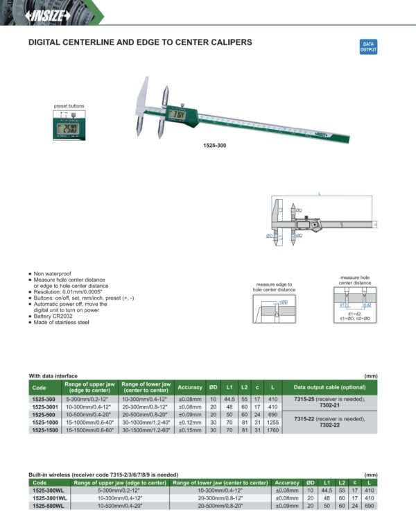 เวอร์เนียดิจิตอล สำหรับวัดระยะห่างระหว่างกึ่งกลางของรู Digital Centerline And Edge To Center Calipers INSIZE 1525-3001 ขนาด 12 นิ้ว - Image 2