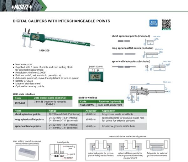 เวอร์เนียดิจิตอล เวอร์เนียวัดร่องใน Digital Calipers With Interchangeable Points - Built in Wireless INSIZE 1526-200WL - Image 2