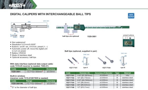 เวอร์เนียดิจิตอล INSIZE 1528-3001 Interchangeable Ball Tips สำหรับการวัดรูโค้ง เว้า ร่องกลม ขนาด 12 นิ้ว - Image 2