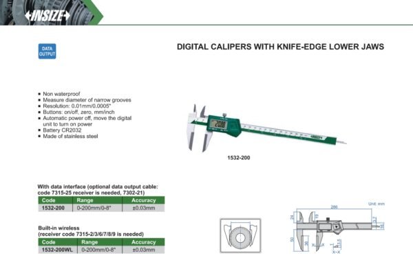 เวอร์เนียดิจิตอล Caliper with Knife Edge Lower Jaws ชนิดมีขากรรไกรล่างเป็นแบบคมมีด INSIZE 1532-200 ขนาด 8 นิ้ว - Image 2