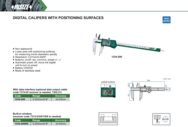 เวอร์เนียดิจิตอล Digital Calipers with Positioning Surface INSIZE 1534-200 ขนาด 8 นิ้ว - Image 2