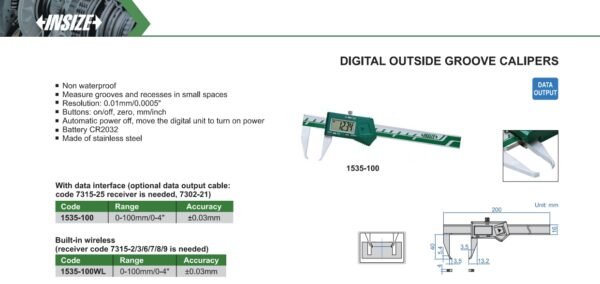 เวอร์เนียดิจิตอลวัดนอก Digital Outside Groove Calipers INSIZE 1535-100 ขนาด 4 นิ้ว - Image 2