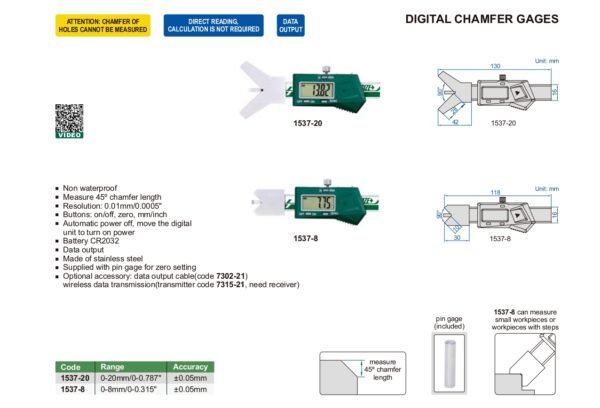 เกจวัดมุมแชมเฟอร์ดิจิตอล Digital Chamfer Gage INSIZE 1537-8 ช่วงการวัด 0-8mm/0-0.315" - Image 2