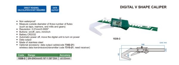เวอร์เนียดิจิตอล ทรงวี INSIZE รุ่น 1539-3 สำหรับวัดเส้นผ่านศูนย์กลางชิ้นงานทรงกลม ขนาด 4-40 มิลลิเมตร/0.16"-1.58" DIA - Image 2