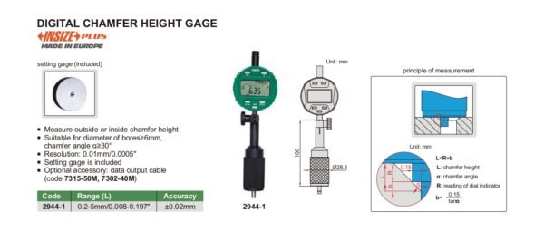 INSIZE รุ่น 2944-1 เกจวัดมุมแชมเฟอร์ดิจิตอล Digital Chamfer Height Gage ช่วงการวัด 0.2-5mm/0.008-0.197" - Image 2