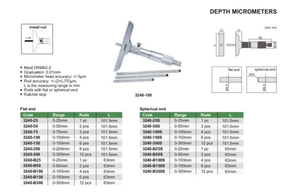 ไมโครมิเตอร์วัดความลึก INSIZE รุ่น 3240-B300S (ปลายทรงกลม) ขนาด 12 นิ้ว - Image 2