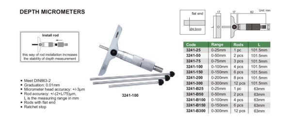 ไมโครมิเตอร์วัดความลึก INSIZE รุ่น 3241-B25 (ปลายแบน) ขนาด 1 นิ้ว - Image 2
