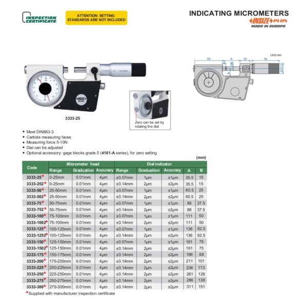 ไมโครมิเตอร์แบบเข็ม (Indicating Micrometers) INSIZE รุ่น 3333-252 ขนาด 0-25 มิิลลิเมตร - Image 2