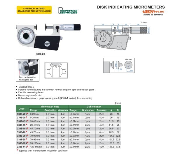 ไมโครมิเตอร์แบบจาน Disk Indicating Micrometers INSIZE 3338-70 ช่วงการวัด 45-70 mm - Image 2