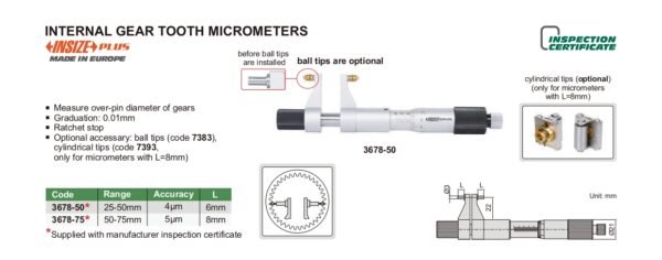 ไมโครมิเตอร์วัดฟันเฟืองภายใน (Internal Gear Tooth Micrometers) INSIZE รุ่น 3678-50 - Image 2