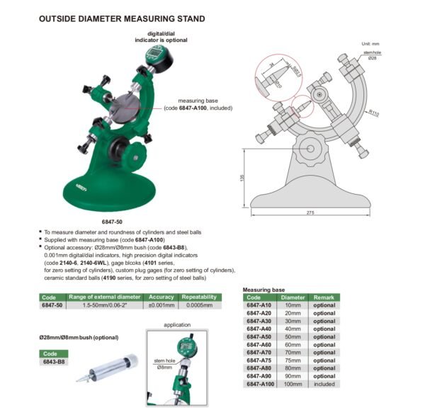 ขาตั้งวัดเส้นผ่านศูนย์กลางภายนอก Outside Diameter Measuring Stand INSIZE 6847-509000C ช่วงการวัด 1.5-50 mm/0.06-2" - Image 2