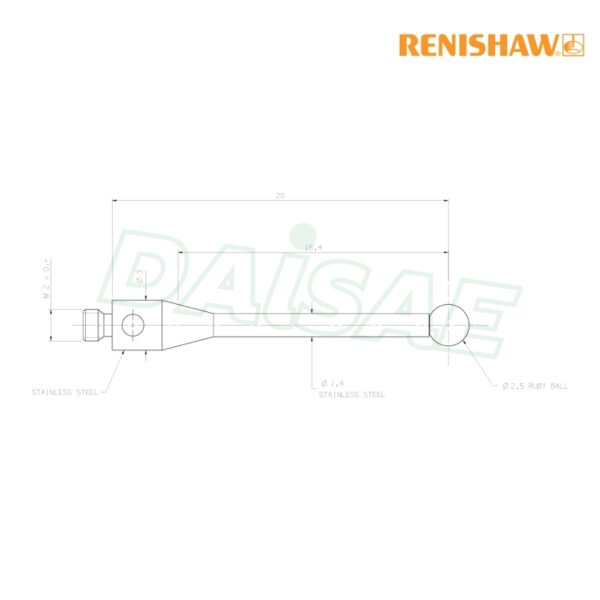 Renishaw l M2 Ø2.5mm ruby ball, stainless steel stem, L 20 mm, EWL 16.4 mm รุ่น A-5000-7804 - Image 5