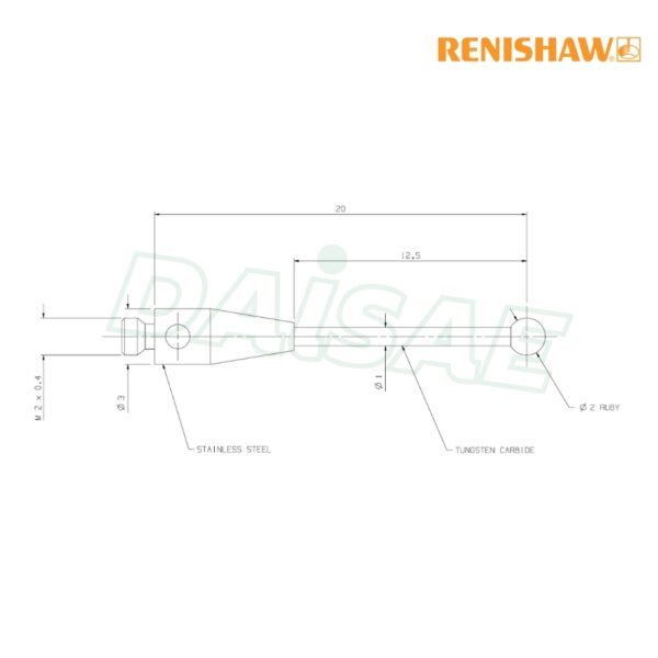 Renishaw l M2 Ø2 mm ruby ball, tungsten carbide stem, L 20 mm, EWL 14 mm รุ่น A-5003-3822 - Image 5