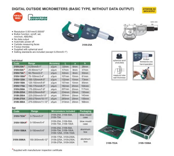 ไมโครมิเตอร์ ดิจิตอล Digital Outside Micrometers INSIZE 3109-100A ช่วงการวัด 75-100mm. - Image 4
